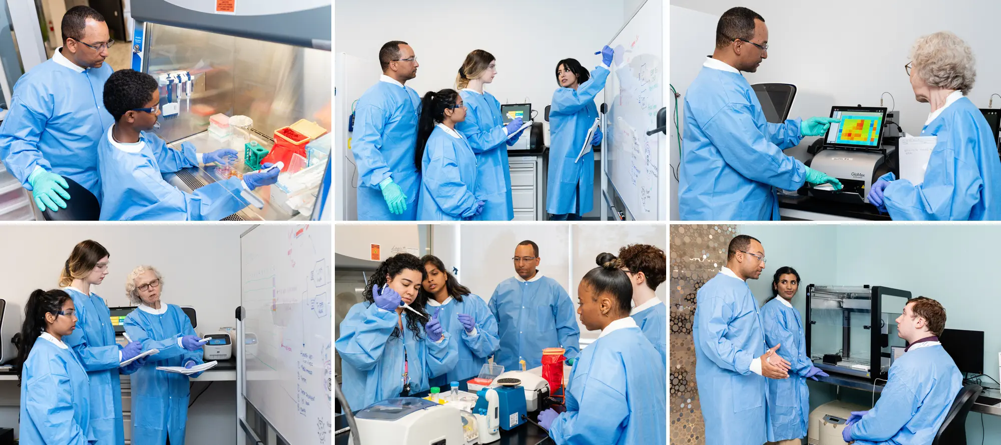 6 photo collage of Athari staff teaching and mentoring interns in various ways