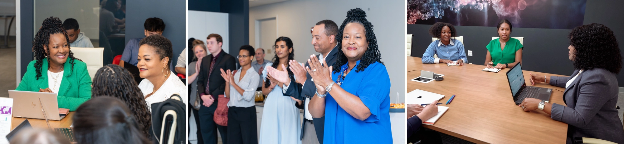 3 photo collage of the company leader interacting with staff and interns
