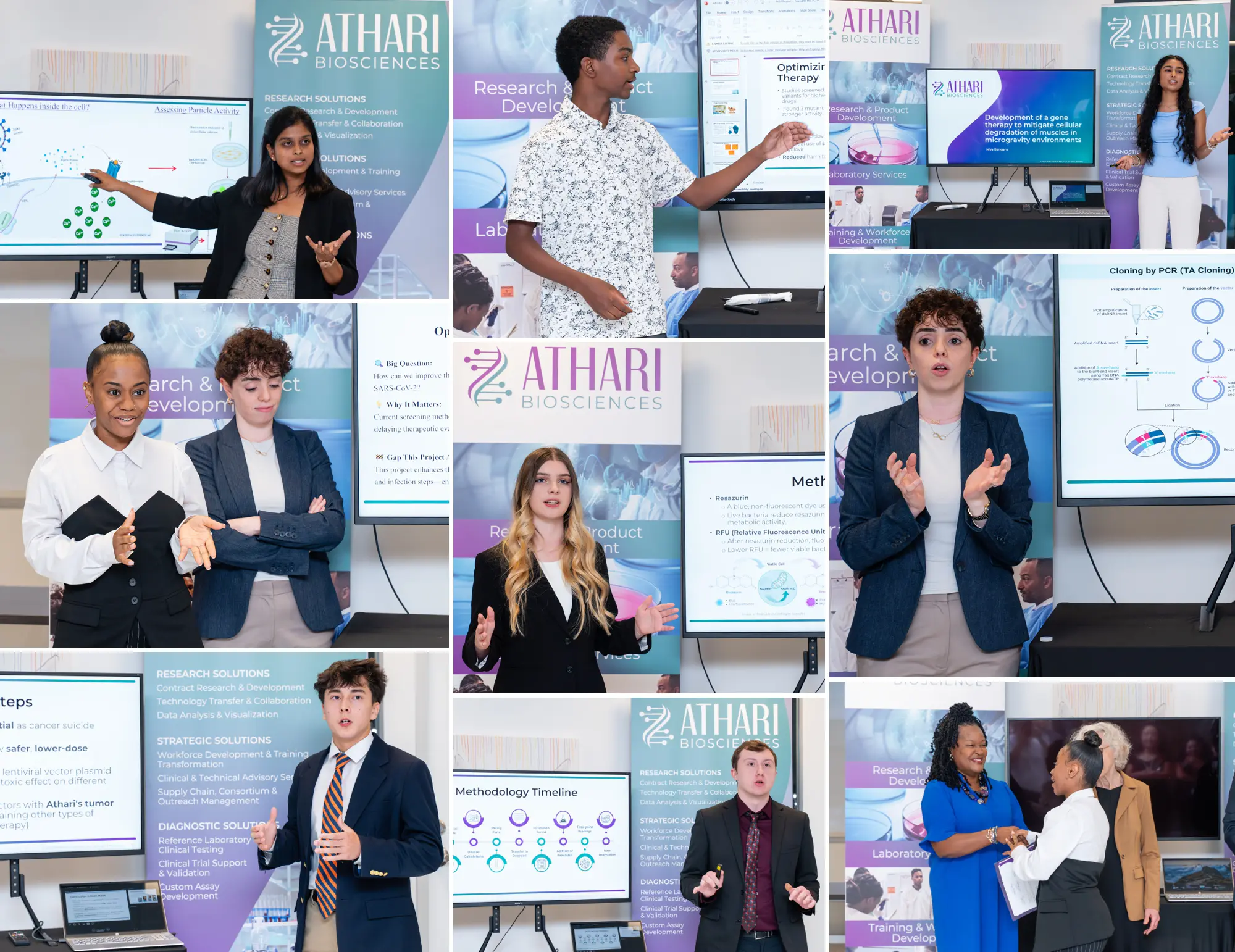 9 photo collage of STEMM interns presenting their research at their graduation
