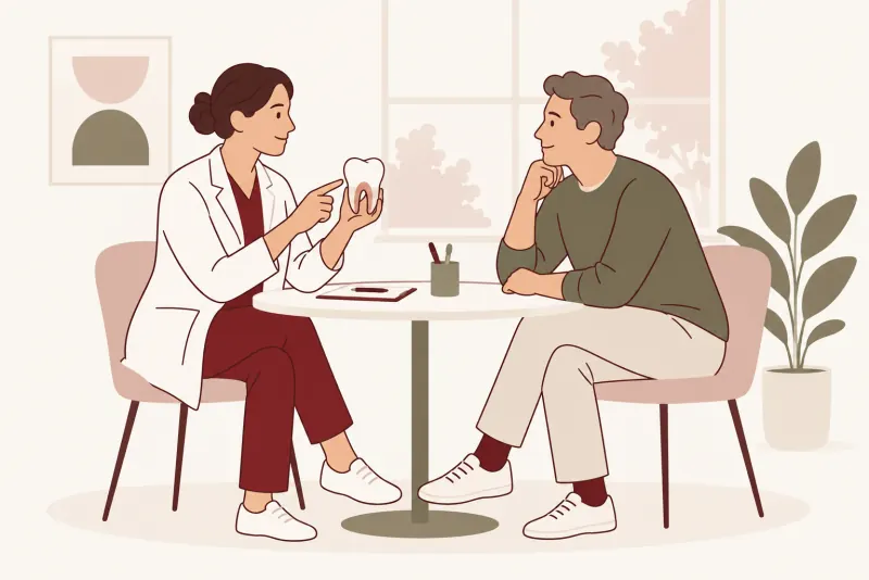Illustration: Eine Zahnärztin erklärt einem Patienten am Tisch ein Zahnmodell