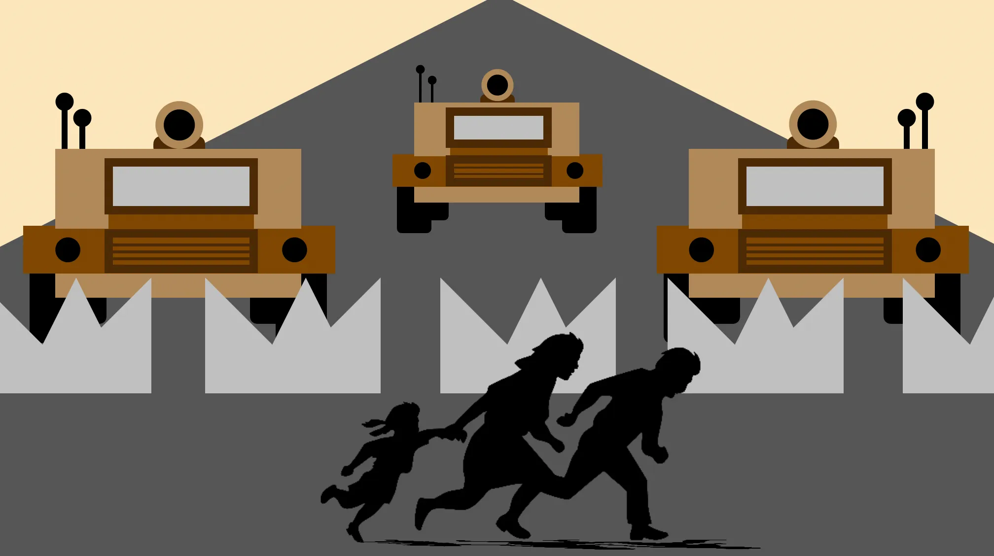 A refugee family runs across a desert highway protected from military violence by a hedge of HUMANITE crowns.