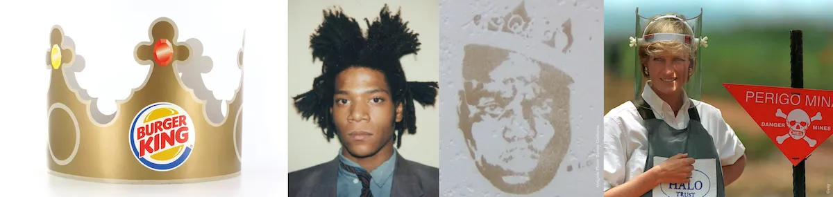 A montage of Creative Commons and Fair Use photos from Flickr, Wikipedia, and Getty. Burger King crown. Jean Michel Basquiat. Christopher Walace aka The Notorious B.I.G. aka Biggie Smalls. Princess Diana. 
