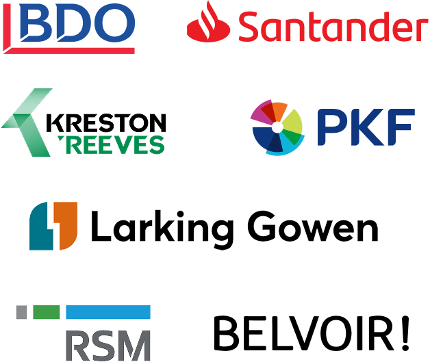 Logos of financial, accounting, property and consultancy firms: BDO, Santander, Kreston Reeves, PKF, Larking Gowen, RSM.