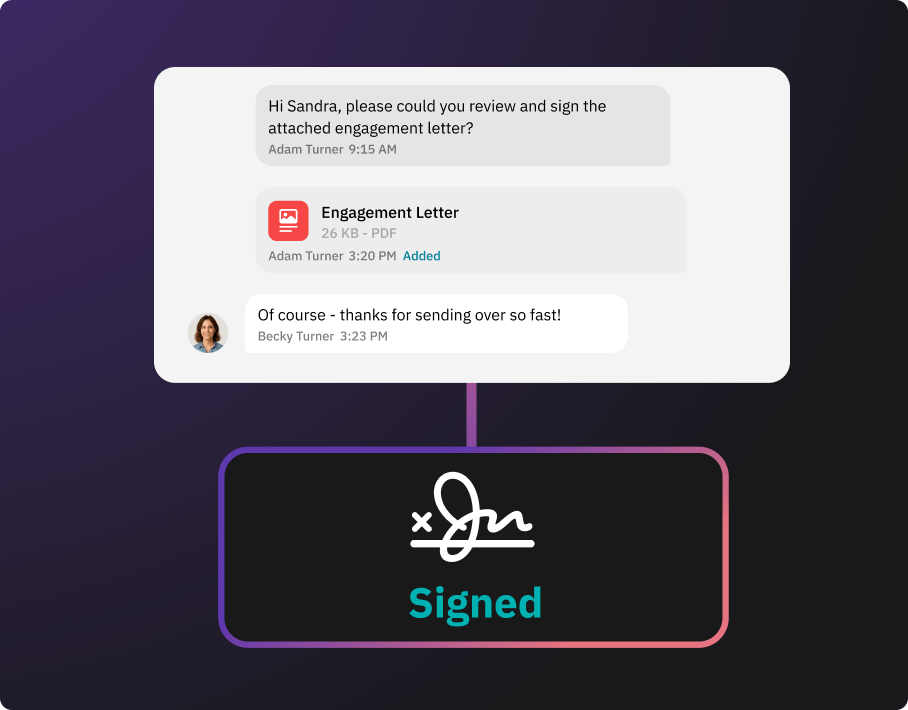 Chat messages requesting review and signature of an engagement letter PDF, followed by confirmation of signing with a digital signature icon and the word 'Signed'.