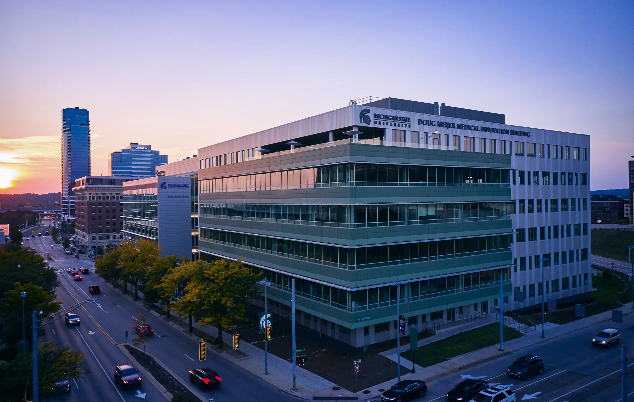 Doug Meijer Medical Innovation Building at sunset. 