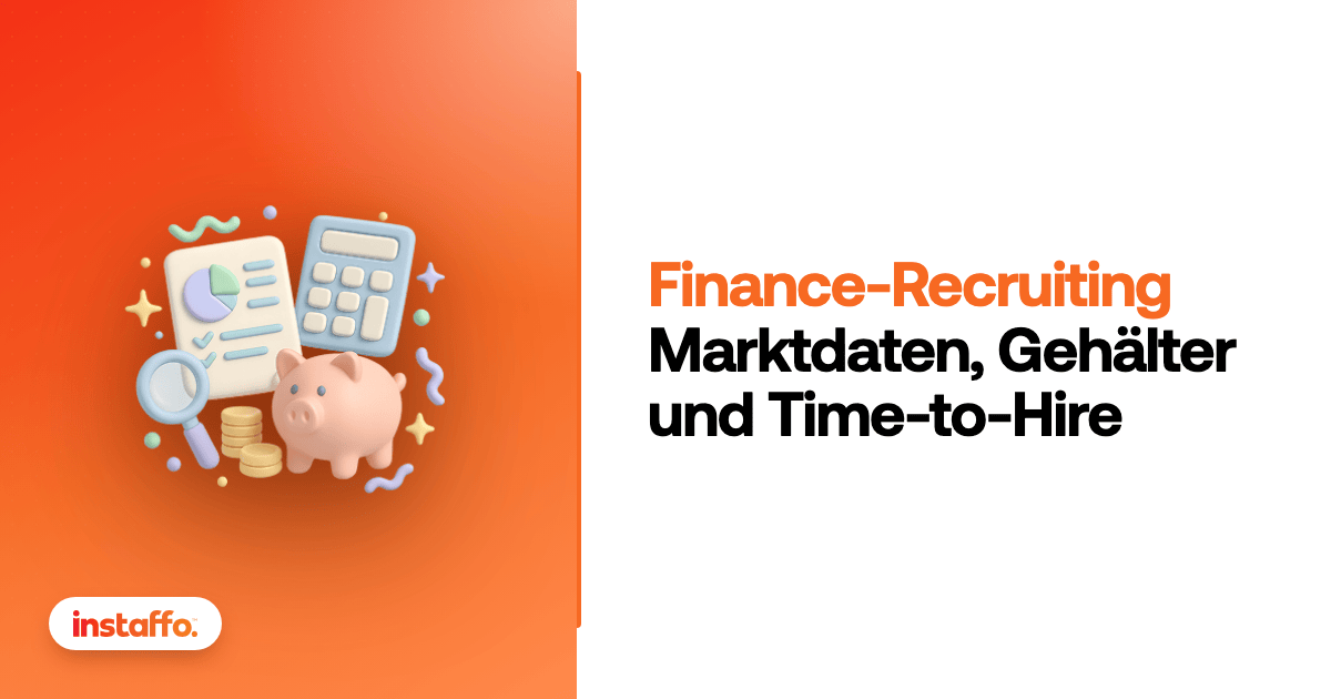 Titelbild der Instaffo-Seite Finance-Recruiting mit Sparschwein, Taschenrechner und Auswertung auf orangem Grund.