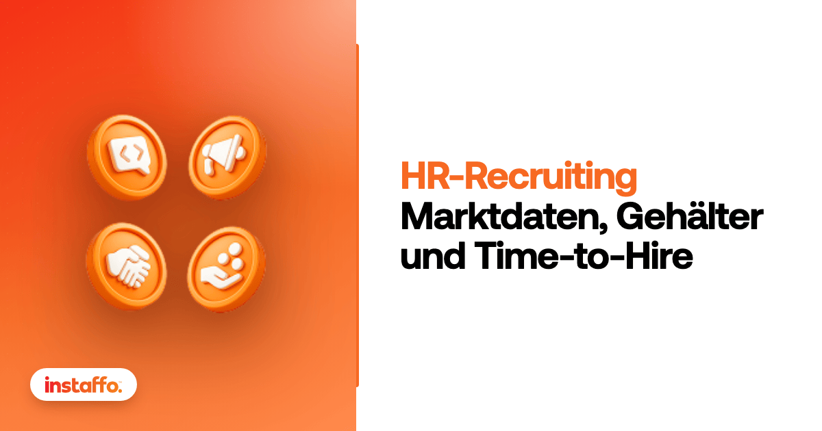 Titelbild der Instaffo-Seite HR-Recruiting mit vier Fachbereichs-Symbolen auf orangem Verlauf und der Zeile Marktdaten, Gehälter und Time-to-Hire.