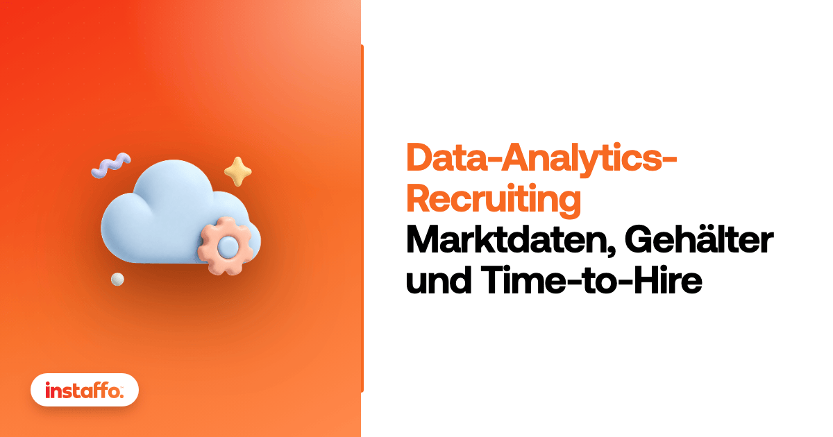 Orange Instaffo-Karte für Data-Analytics-Recruiting mit Wolken- und Zahnrad-Motiv, Untertitel Marktdaten, Gehälter und Time-to-Hire.