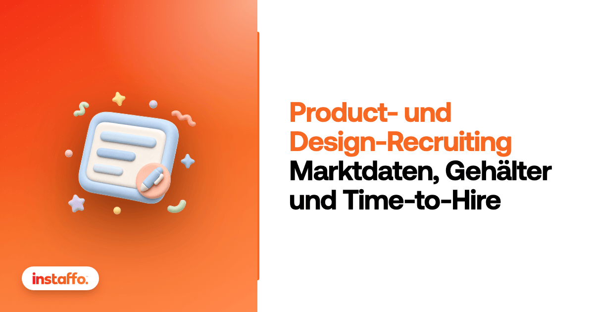 Orange Instaffo-Karte zum Product- und Design-Recruiting mit einer Illustration aus Spezifikationskarte und Stift.