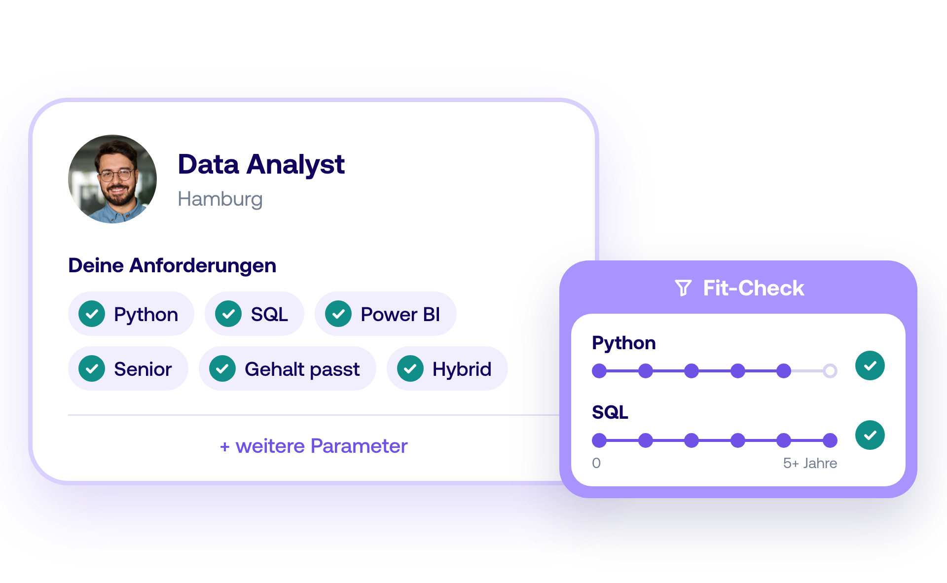 Profil eines Data Analysts, bei dem alle Anforderungen abgehakt sind, daneben der Fit-Check mit Erfahrungsjahren in Python und SQL