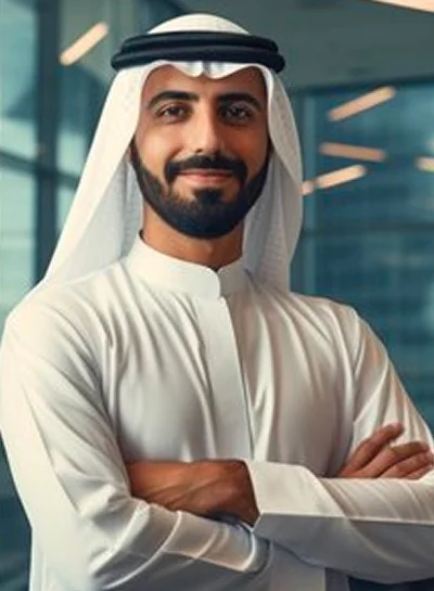 Confident man in traditional Middle Eastern attire standing with arms crossed in an office setting.