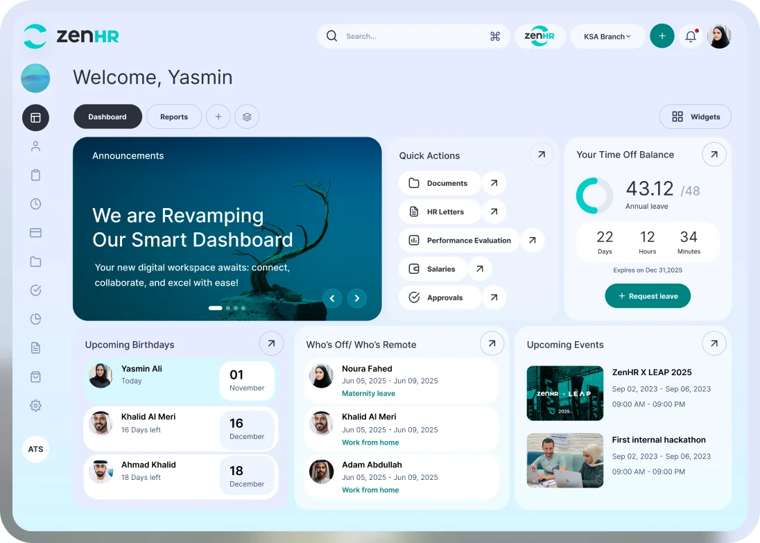 zenHR dashboard welcoming Yasmin with announcements, quick actions, time off balance, upcoming birthdays, who's off or remote, and upcoming events.