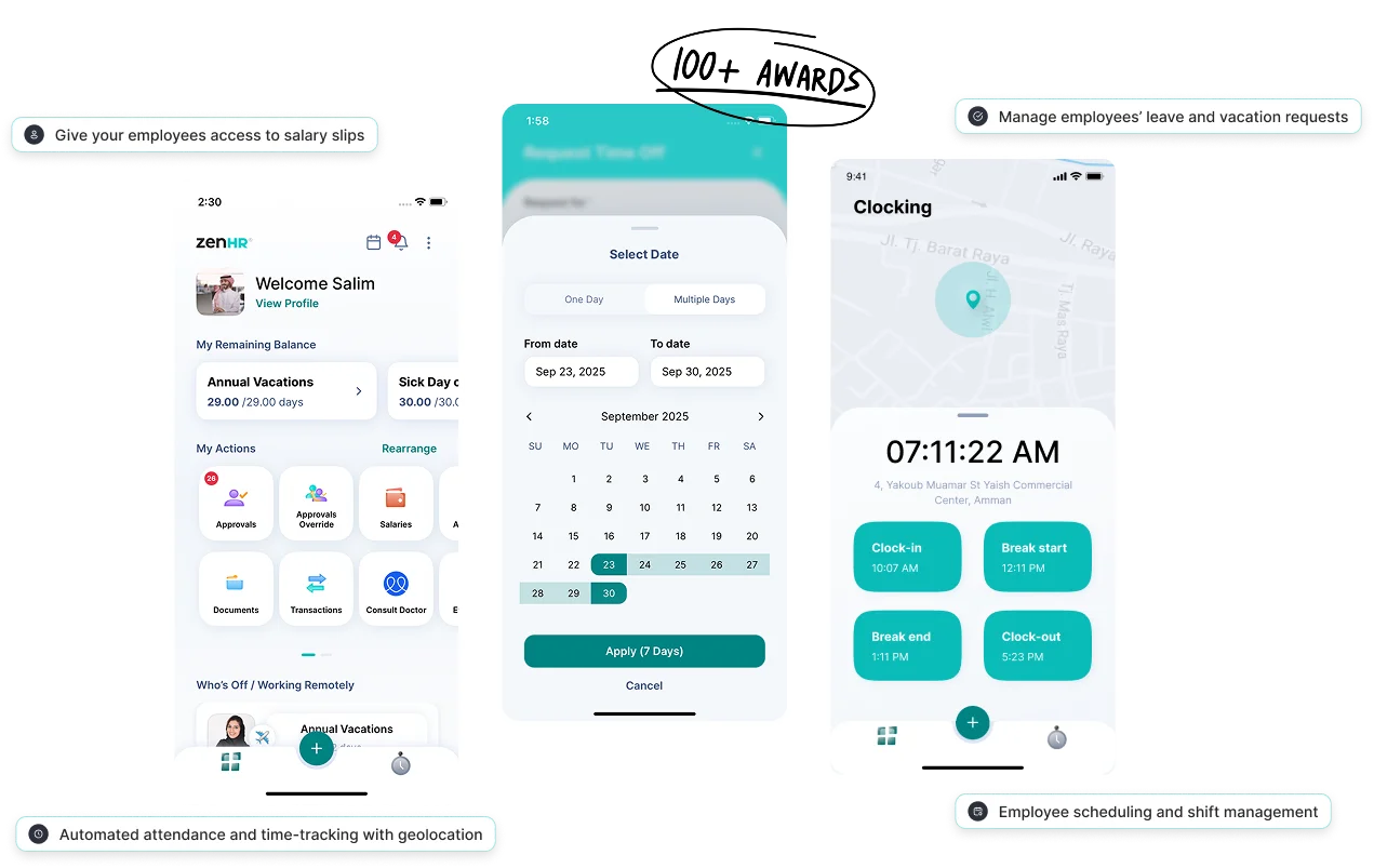ZenHR ESS mobile app interfaces showing employee dashboard, leave requests, and attendance tracking