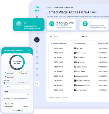 Dashboard showing Earned Wage Access (EWA) summary with 34 total ZenEWA transactions, 6,500,000 JOD transaction amount, and 4 transaction ZenEWA this month, plus a detailed table of employee transactions and a graph of available and allowed amounts.