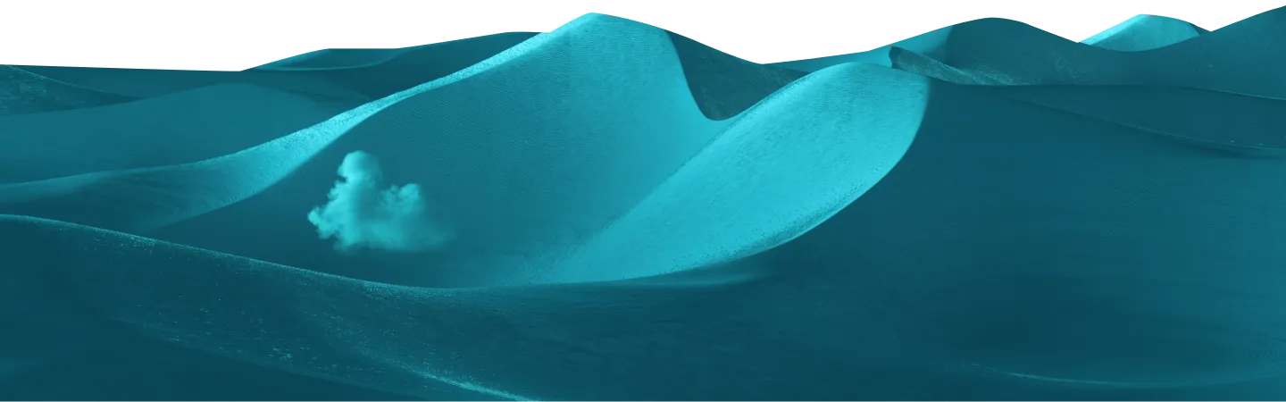 Turquoise sand dunes under soft light with a single small fluffy cloud resting within a dune depression.