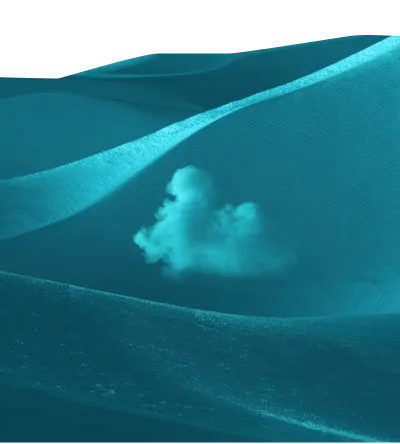 Blue-toned sand dunes with a small cloud hovering above the desert floor.