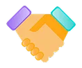 Cartoon-style handshake with one sleeve purple and the other teal, symbolizing partnership or agreement.