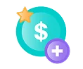 Blue coin with a white dollar symbol and a purple circle with a white plus sign in front, decorated with a small gold star.