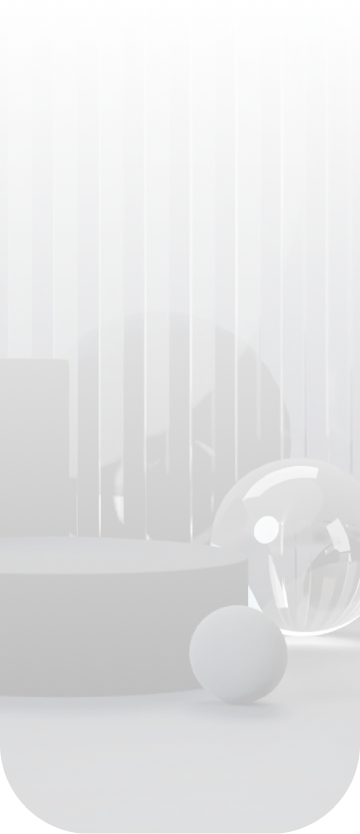 Abstract composition of black and transparent spheres and cylinders against a dark background with vertical striped shadows.