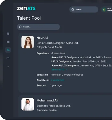 zenATS Talent Pool interface showing profiles of Nour Ali, Senior UI/UX Designer from Riyadh, and Mohammad Ali, Business Analyst from Amman.