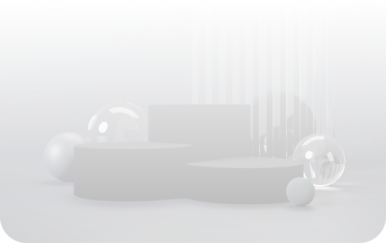 Abstract arrangement of black cylindrical platforms surrounded by reflective and matte spheres on a dark gray surface with vertical translucent strips in the background.