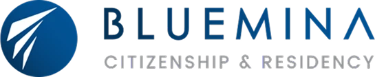 Bluemina logo with a stylized white paper airplane inside a blue circle and the text 'BLUEMINA CITIZENSHIP & RESIDENCY'.