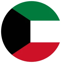 Circle with Kuwait flag design featuring horizontal stripes in green, white, and red with a black trapezoid at the hoist.