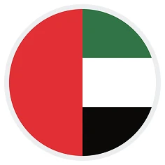 Circle-shaped graphic of the United Arab Emirates flag with red vertical stripe on the left and green, white, and black horizontal stripes on the right.