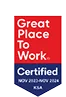 Great Place To Work Certified 2021-2022-2023-2024 badge in red, white, and blue colors.