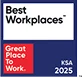Great Place to Work Best Workplaces KSA 2025 logo with colorful square blocks.