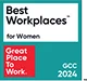 Badge reading 'Best Workplaces for Women Great Place to Work GCC 2024' with colorful shapes in the background.