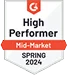 Badge labeled High Performer Mid-Market Spring 2024 with G2 logo.