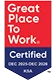 Great Place to Work certification badge with the text: "Great Place to Work Certified Dec 2022-Dec 2023".