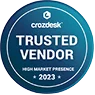Crozdesk Trusted Vendor 2023 High Market Presence badge in blue and white.