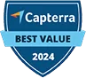 Capterra Best Value 2024 award badge with a blue shield design and paper plane icon.