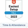 Badge displaying 'Easiest Setup Fall 2023' awarded by G2 for Time & Attendance.