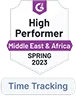 Badge with purple icon denoting High Performer for Middle East & Africa Spring 2023 in Time Tracking category.