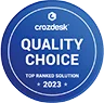 Blue circular badge with text 'Crozdesk Quality Choice Top Ranked Solution 2023'.