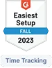 Badge with 'Easiest Setup' text above 'Fall 2023' banner and 'Time Tracking' below.