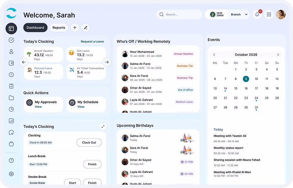 Employee dashboard displaying today's clocking with leave balances, quick actions for approvals and schedule, a list of employees off or working remotely, upcoming birthdays, and an events calendar for October 2026 with a schedule of meetings.
