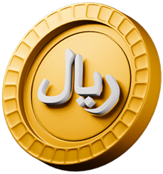 Gold coin with 3D Arabic text reading 'Riyal' in white on its surface.