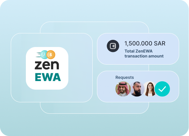 ZenEWA logo with total transaction amount of 1,500,000 SAR and profile icons representing requests.