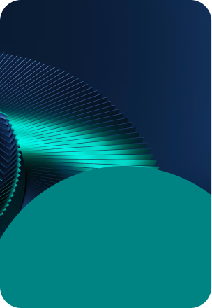 Abstract 3D design of curved, layered teal and green shapes against a dark blue background.