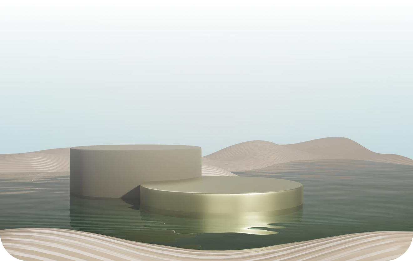 Two smooth cylindrical platforms, one taller and one shorter, partially submerged in calm water with soft sand dunes and a clear sky in the background.