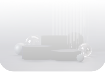 Abstract composition of black cylindrical platforms with transparent and solid spheres against a dark gradient background.