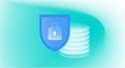 Blue shield with a padlock icon in front of a translucent stack of disks symbolizing data security and compliance.