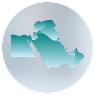 Blue gradient map of Middle Eastern countries including Egypt, Saudi Arabia, Iraq, and surrounding areas on a circular light gray background.
