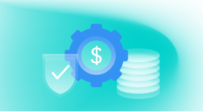 Graphic of a blue gear with a dollar sign in the center, a shield with a checkmark, and a stack of coins on a blue-green gradient background.