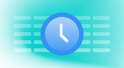 Blue clock icon showing time 3:00 on a turquoise background with horizontal lines.