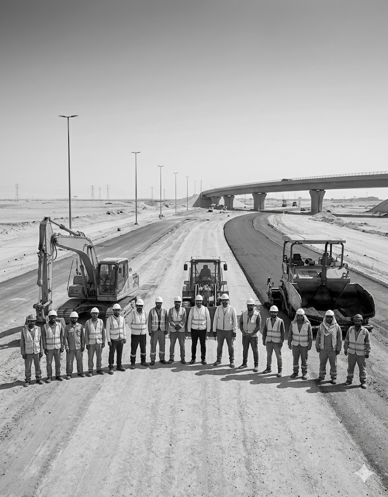 Construction workers in safety gear standing in a line on a road construction site with heavy machinery and an overpass in the background.